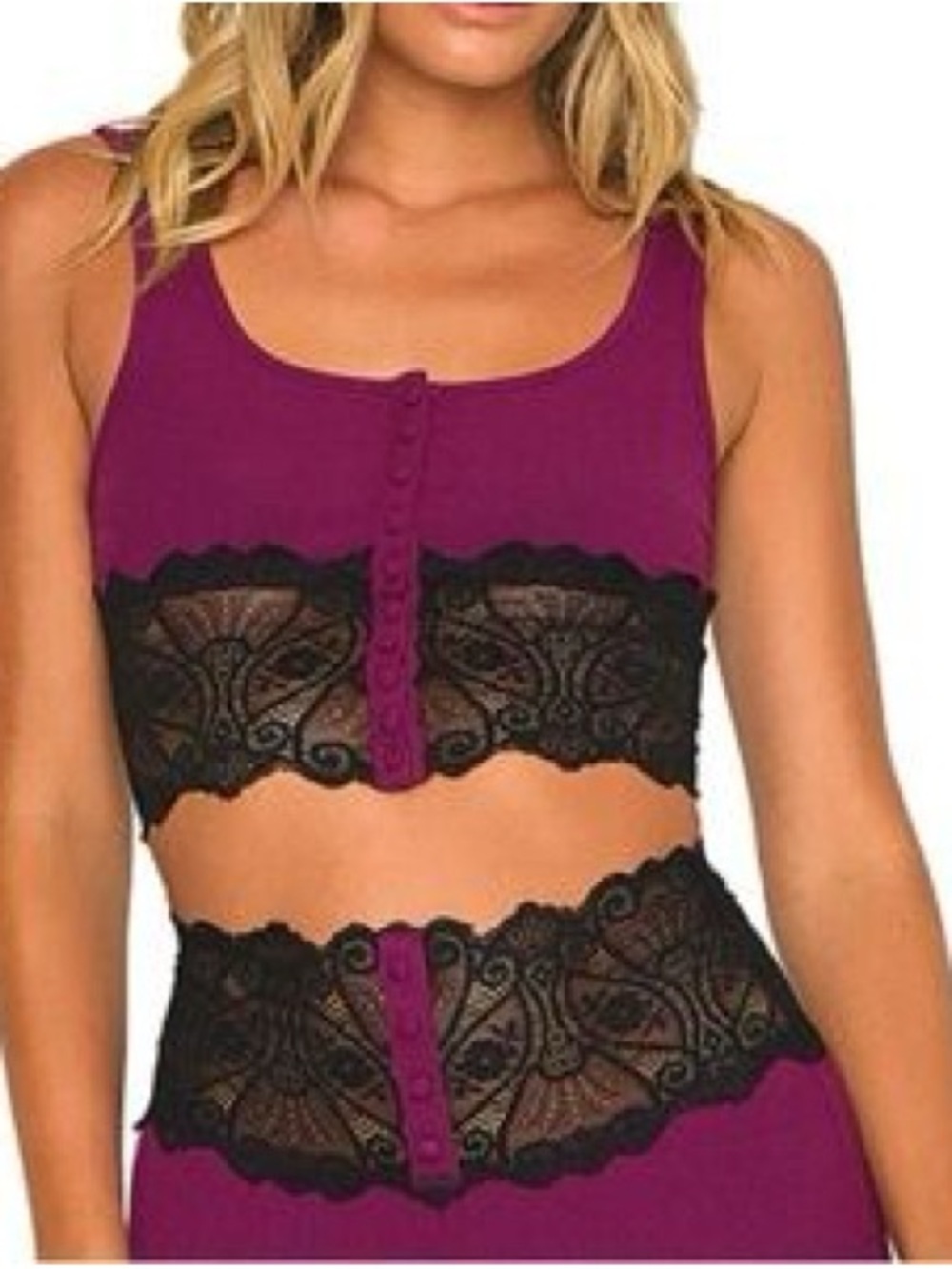 Beach Bunny Anise Crop Top Purple with Black Lace Button Detail Size Medium NWT